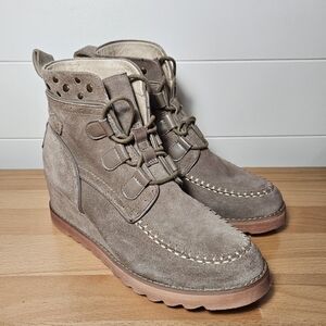 Chocolate Blu Myla Lace Up Wedge Bootie Taupe Suede Size 7.5